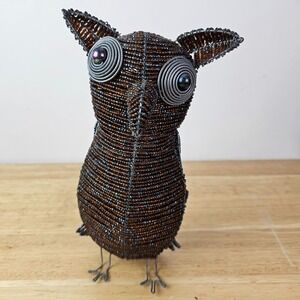 Beaded Owl Bird Handcrafted Brown Gray‎ Wire Figurine 9" Home Decor Nature Gift